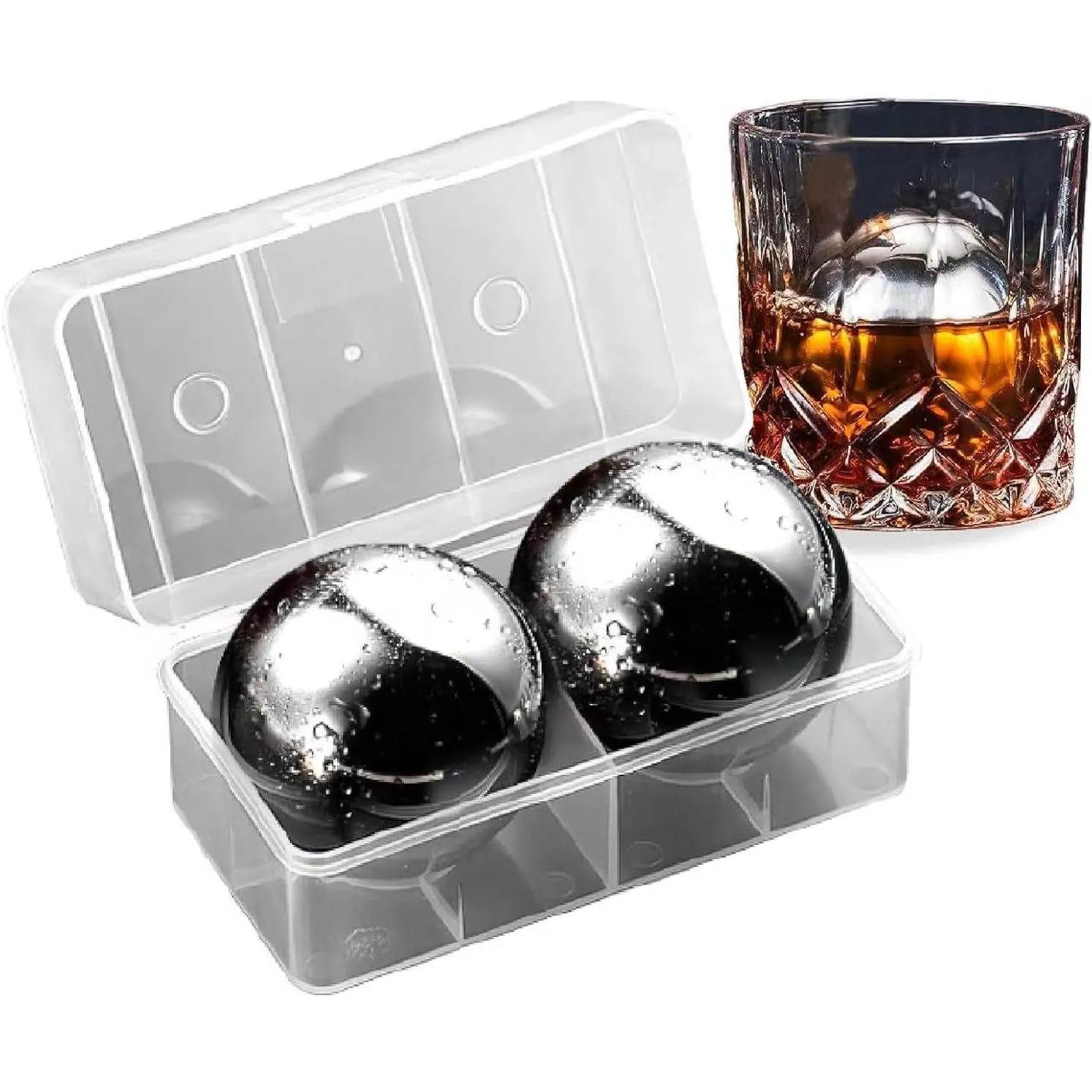 2Pcs XL Corrosion-Resistant Stainless Steel Round Whiskey Balls, Reusable Metal Cooling Drinks Chillers for Whiskey & Cocktails, Flavor-Preserving Beverage Rocks, Gifts for Men (Father's Day, Birthday), Spherical Ice Cubes