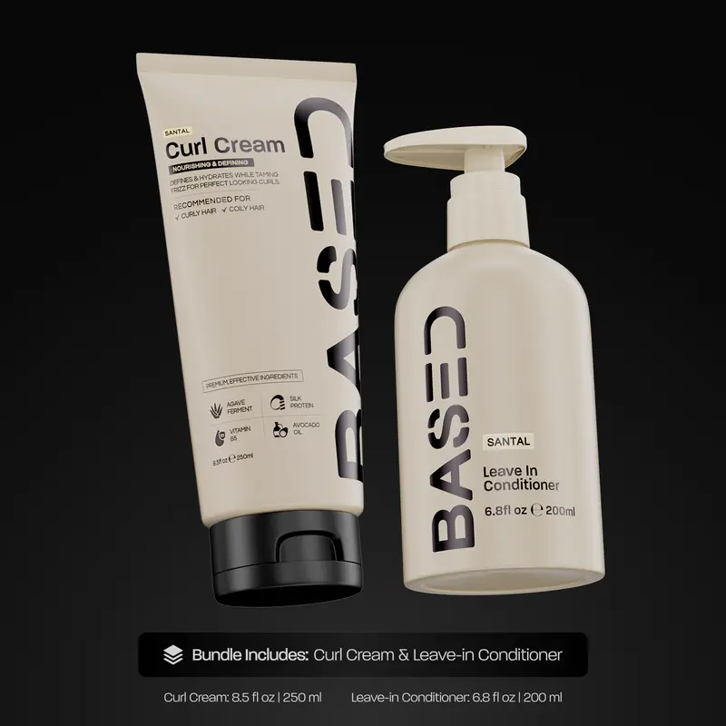 BASED Curly Duo: Premium Non-Toxic Curl Cream & Leave-In Conditioner Bundle - Defines Curls, Controls Frizz, Medium Hold with Agave & Silk Protein, Instant Hydration & Nourishment, No Harmful Chemicals