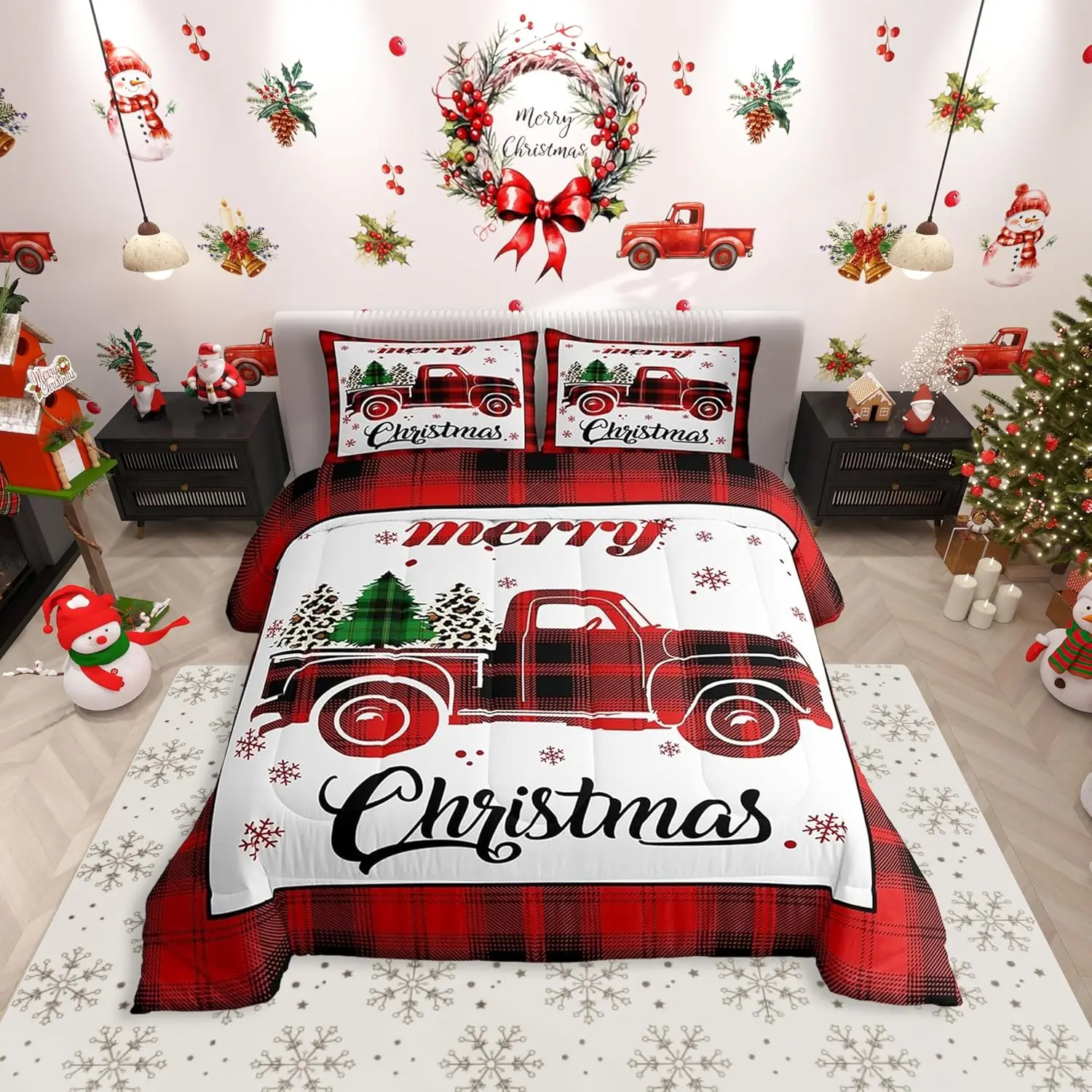 Red Truck Comforter Set,Xmas Tree Snowflake Bedding Set for Kids Boys Girls Bedroom Decor,Christmas Theme Red Plaid Quilt Set, breathable
