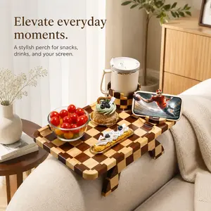 Checkered Rubber Wood Sofa Armrest Tray, Clip-On Couch Side Table with 360° Rotating Cup Holder & Phone Stand, Large Anti-Slip Tray for Drinks, Snacks & Remotes, Perfect Living Room Space Saver