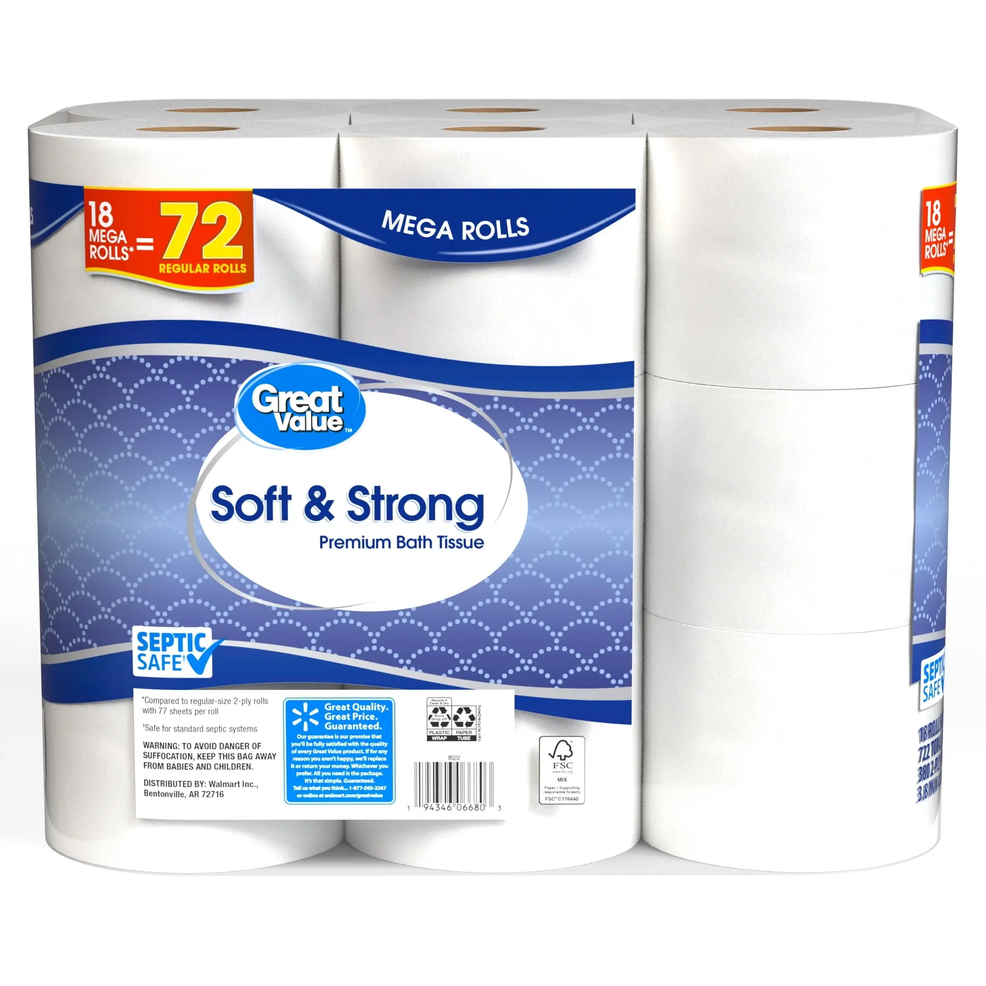 Soft 2-Ply Toilet Paper, 18 Mega Rolls, 380 Sheets per Roll, Unscented Bathroom Tissue for Everyday Household Use