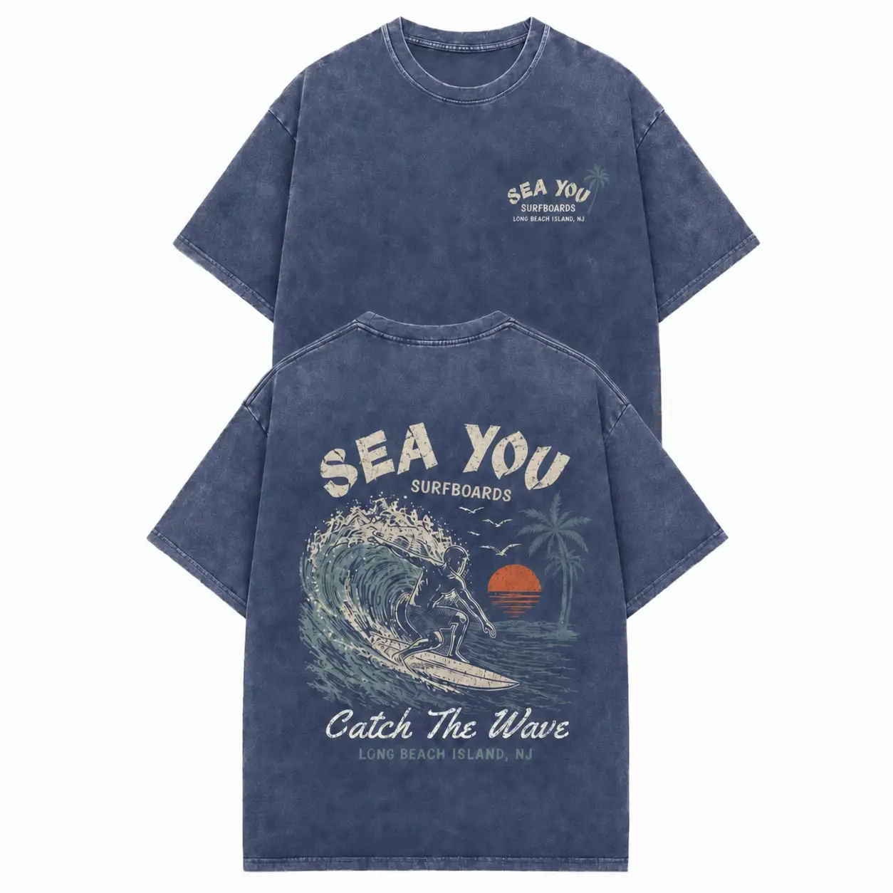 Sea You Catch The Wave Long Beach Island NJ Unisex Graphic T-Shirt, Surfing Beach Tee, Oversized Acid-Washed Heavyweight Cotton Top, Vintage Drop Shoulder Short Sleeve Streetwear for Men and Women