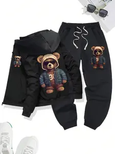 2-piece autumn and winter new men's long-sleeved zip hooded jacket bear pattern print elastic waist drawstring trousers casual sports travel holiday fitness running suit