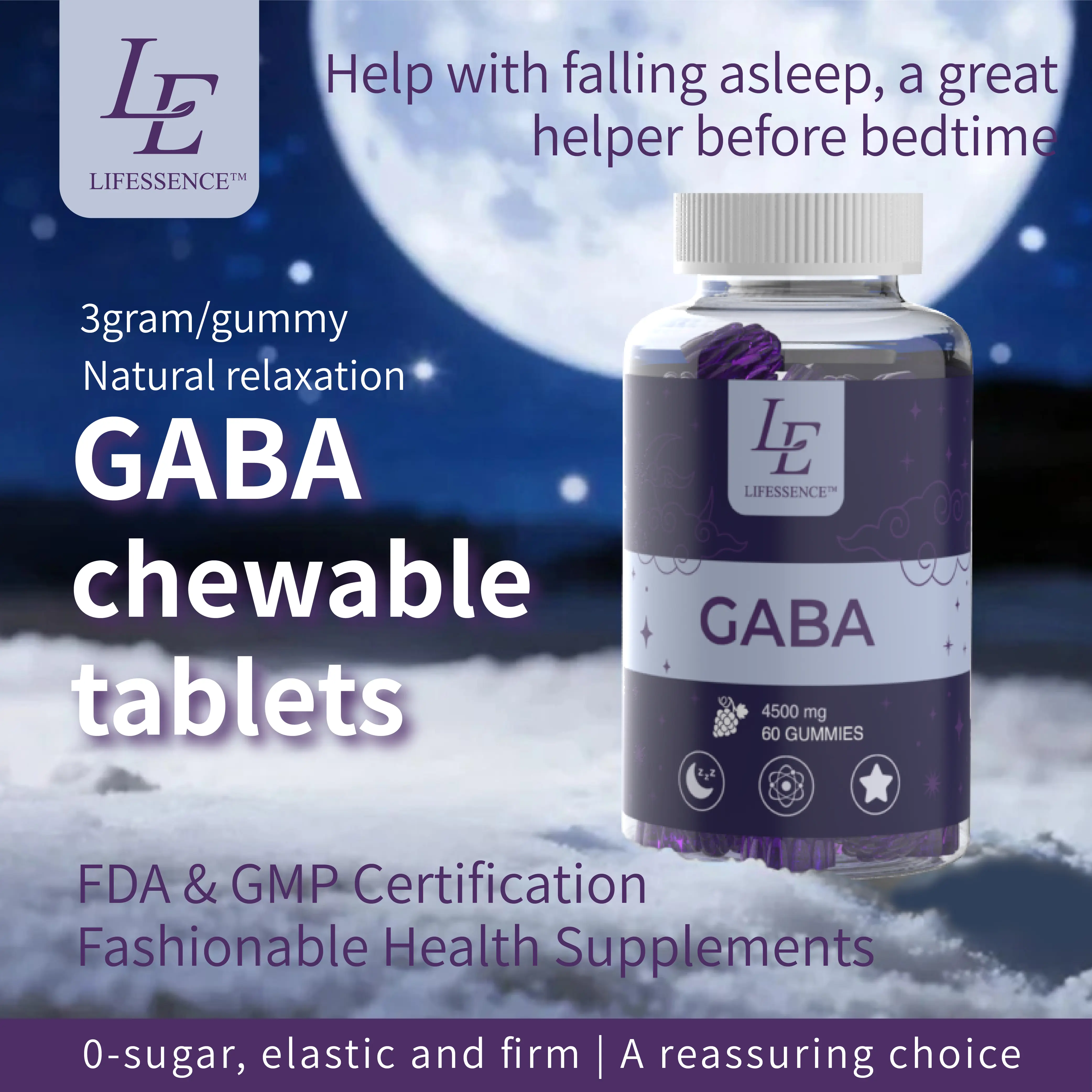 LIFESSENSE GABA Chewable Tablets 3gram Gummy Natural Relaxation Aid for Falling Asleep FDA GMP Certified Health Supplement 4500mg 60 Gummies