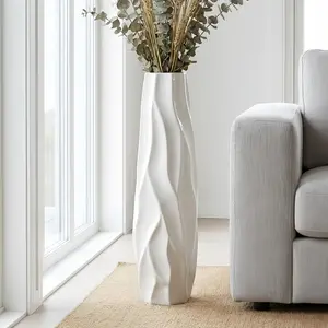 Large White Ceramic Floor Vase (24"/28")  Sturdy Textured Wave Design | Modern Tall Vase for Pampas Grass, Living Room & Entryway | Elegant Home Decor multi-purpose home decor ceramic vase