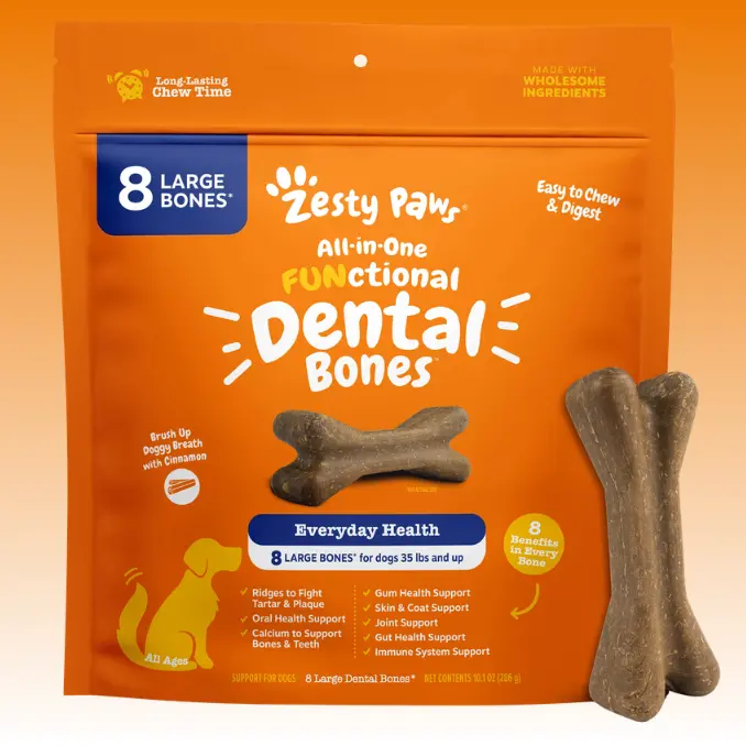 Zesty Paws All-in-One Functional Dental Bone Chews for Large Sized Dogs, Large Easy Chew Dog Treats, Joint & Immune Health Support Vitamin