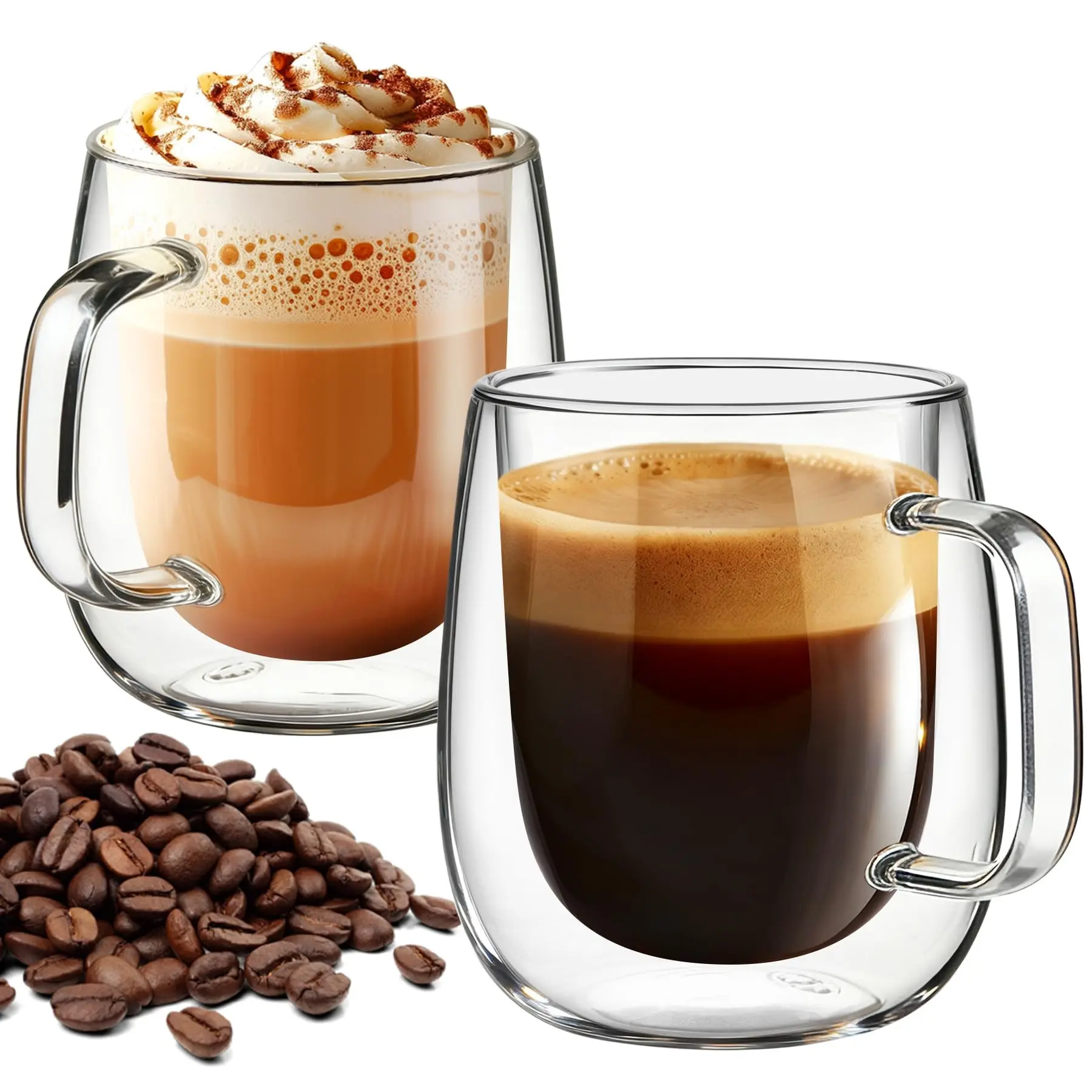 12oz Glass Clear Coffee Mug Set of 2, Dual-Layer Insulated Handle Cup, Double Wall Cup, Beverage Cup, Transparent Glass, Durable Glass Cup, Stylish Drinkware for Espresso Cappuccino Latte Americano Tea Drinks Coffee Cups Gift