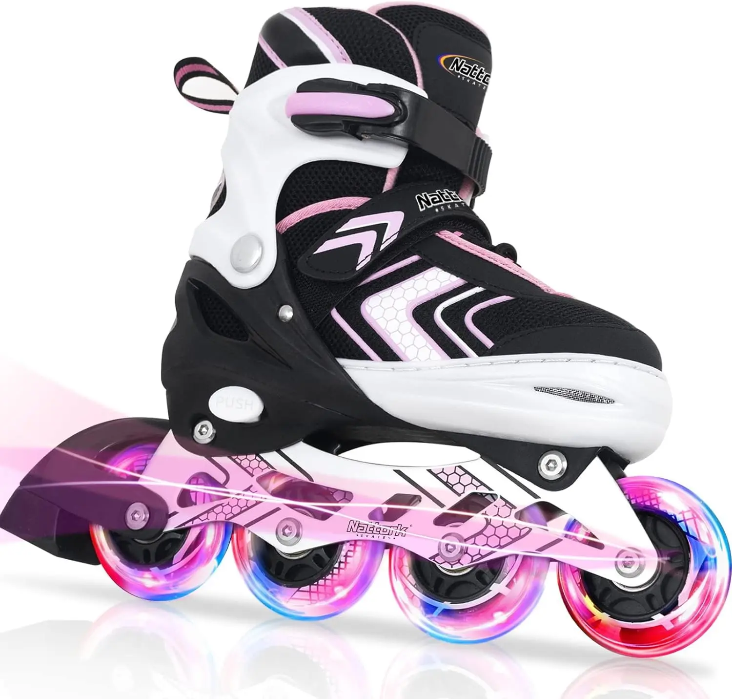 Nattork Kids' Adjustable Roller Blades, Pink Inline Skates with 8 Illuminating PU Wheels, Beginner Friendly with ABEC-7 Bearings & Triple Protection, With Wheels, 8 Wheels Illuminating