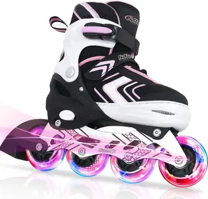 Nattork Kids Adjustable Light-Up Inline Skates (Racing Car Decor, Pink) - Outdoor Roller Blades Shoes, Indoor Sports Footwear - Model 901 Birthday Gift for Kids