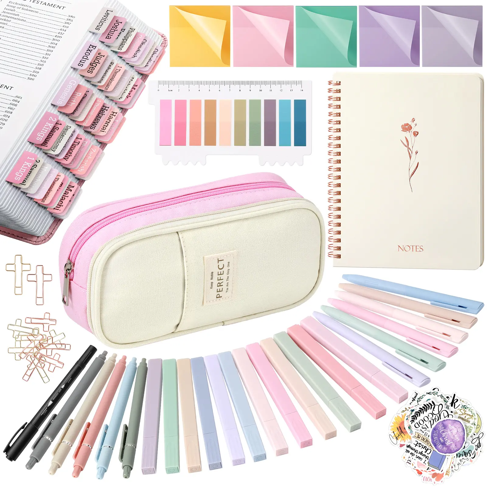 Bible Study Supplies Kit - Morandi Themed Tools with Highlighters Markers, Scripture Stickers, Personalized Blank Tabs, Smooth Pens, Pen Case, Aesthetic Spiral Notebook, Christian Christmas Stationery Gift for Women Beginners