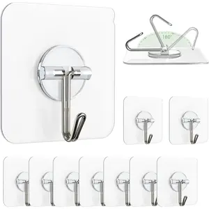 Wall Hooks for , Clear Removable Window Hooks 13 lb Stainless Steel Stick  Hooks  Self Adhesive Hooks for Shower Door Ceiling Kitchen Cabinet 10 Pack