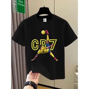 Summer Boys' Round Neck Short-Sleeve T-Shirt - CR7 Soccer Graphic Print, 100% Polyester, Slightly Elastic Fabric, Retro Style for Youngsters 12 & Under, Outdoor Leisure Sports, Soccer Shirt