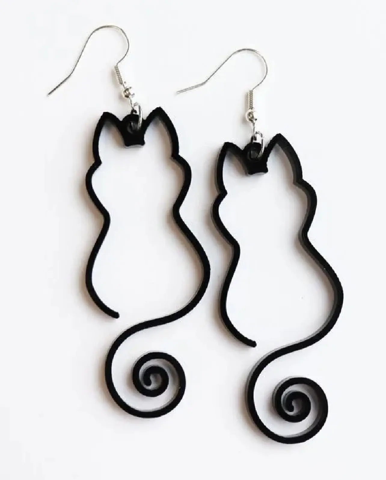 Black Cat Silhouette Spiral Dangle Earrings