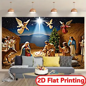 Large Christmas Nativity Scene Backdrop Banner Heavy-Duty Polyester Religious Decoration, Shepherds Vibrant Stars Print for Church, Home Party