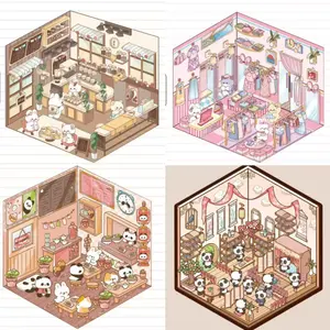 Miniature Scene DIY 3D House Sticker Panda & Rabbit - Set of 6 for adults Kids, Make your own home/Store