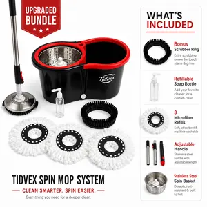 360° Spin Mop Bucket System by Tidvex, 61-Inch Adjustable 3-Piece Stainless Steel Handle, 3 Washable Microfiber Heads, Bonus Scrubber Ring and Soap Bottle for Home Floor Cleaning