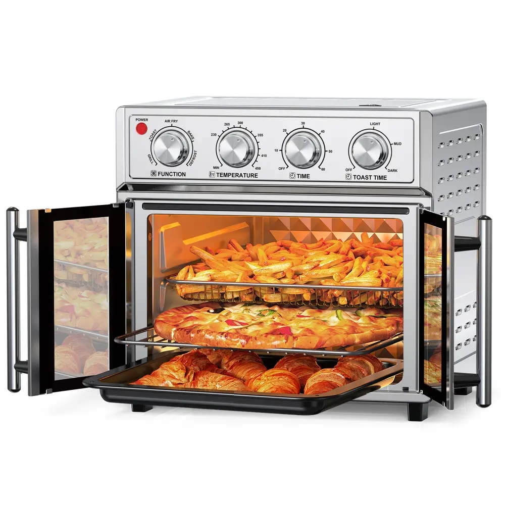 PlumChef 27.5QT Extra-Large French Double-Door Convection Countertop Oven, 1700W, 7-In-1 Functionality, 7 Preset Menus, for Family Meals, Interior Light, Stainless Steel Silvery, Includes Baking Pan, Bake Rack, 1*Instruction Manual, Automatic Shut-Off, Du