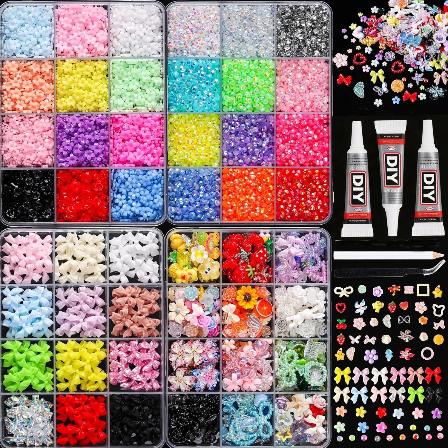 Bright Resin Jelly Rhinestones, 3mm Multicolor Flat Back Rainbow Gems, Includes Glue and Tweezer, DIY Crafts, Nail Art, Fashion Accessories，Nail Art Rhinestones 、 Flatback Crystals 、 with Adhesive Glue 、 Diamond Painting, Flower Rhinestone