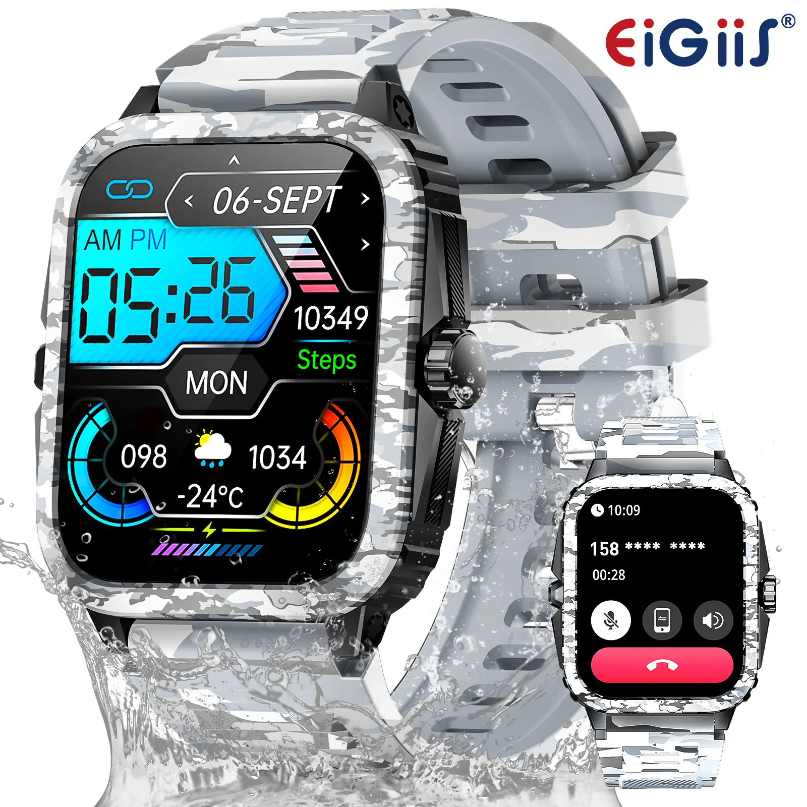 EIGIIS Rugged Fitness Smart Watch for Men - 1.96'' IPS Screen Wearable Wristwatch Device, 3ATM Waterproof Heavy-Duty Outdoor Sport Watch with Bluetooth Call, 100+ Sports Modes Tracker Gift for Husband/Dad (Android iOS Compatible), Devices, Phone Call