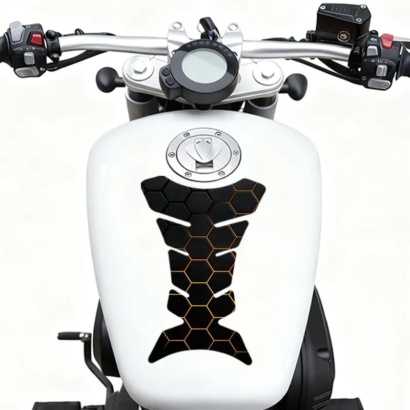 1Pcs fish bone pattern motorcycle fuel tank universal sticker, anti-skid fuel tank protective sticker, suitable for frost oil/gas tank, yellow pattern on black background, fusion honeycomb texture design decorative sticker