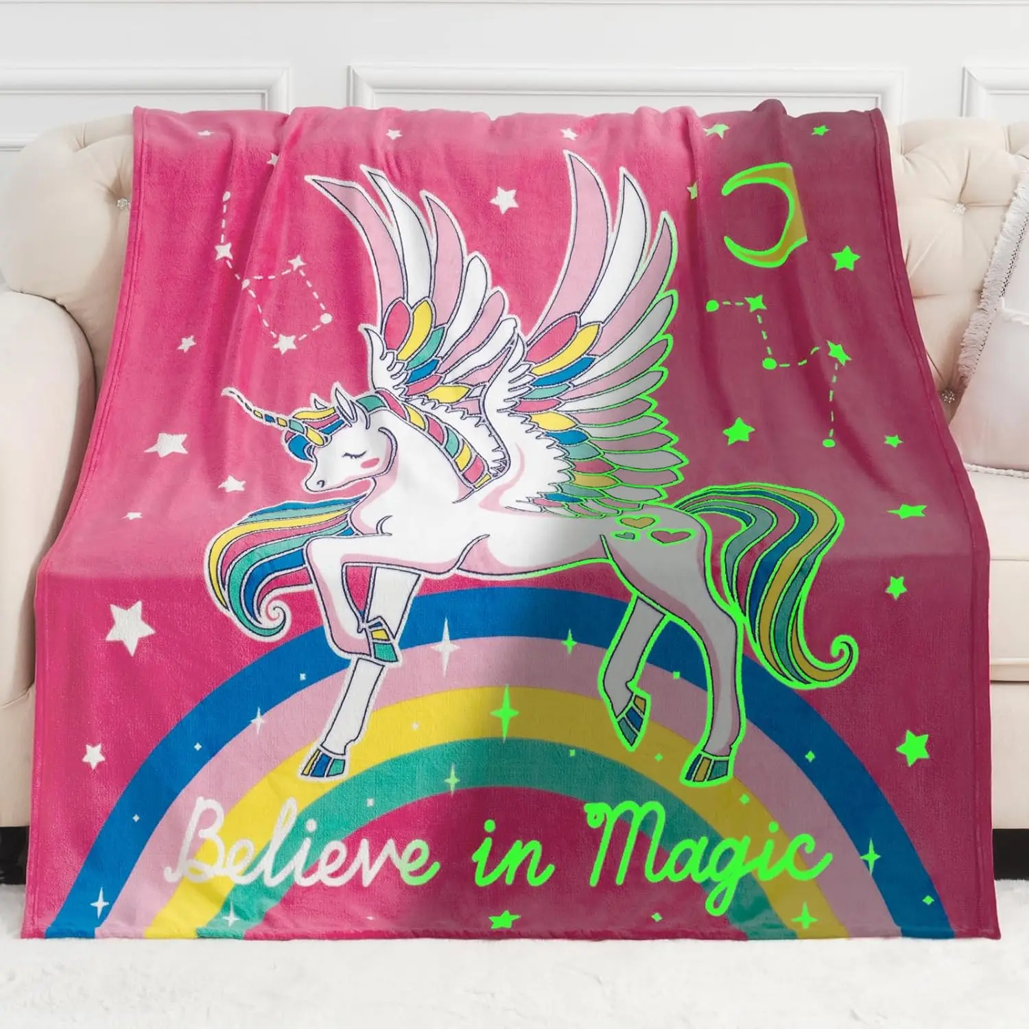 Glow-in-the-Dark Unicorn Blanket - Soft Throw with Rainbow, Moon, Stars Design for Toddler, Teen Daughter - Ideal Birthday, Christmas Gift (Bedding Linens)
