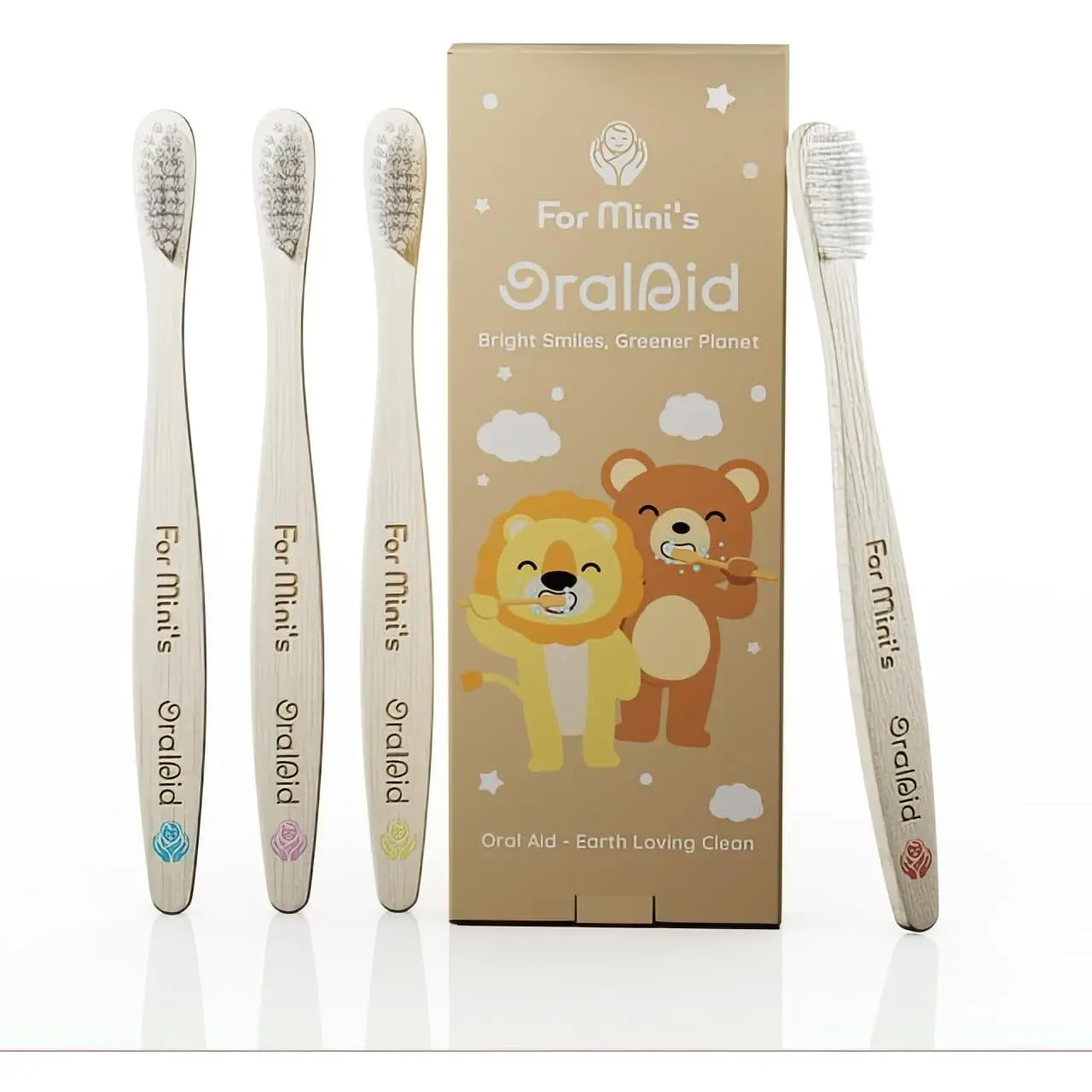 Oral Aid Bamboo Toothbrushes for Kids, Bamboo Handle, Eco-Friendly Kids Bamboo Toothbrush Set, Soft Bristle, Biodegradable Packaging, 4 Pack For Minis