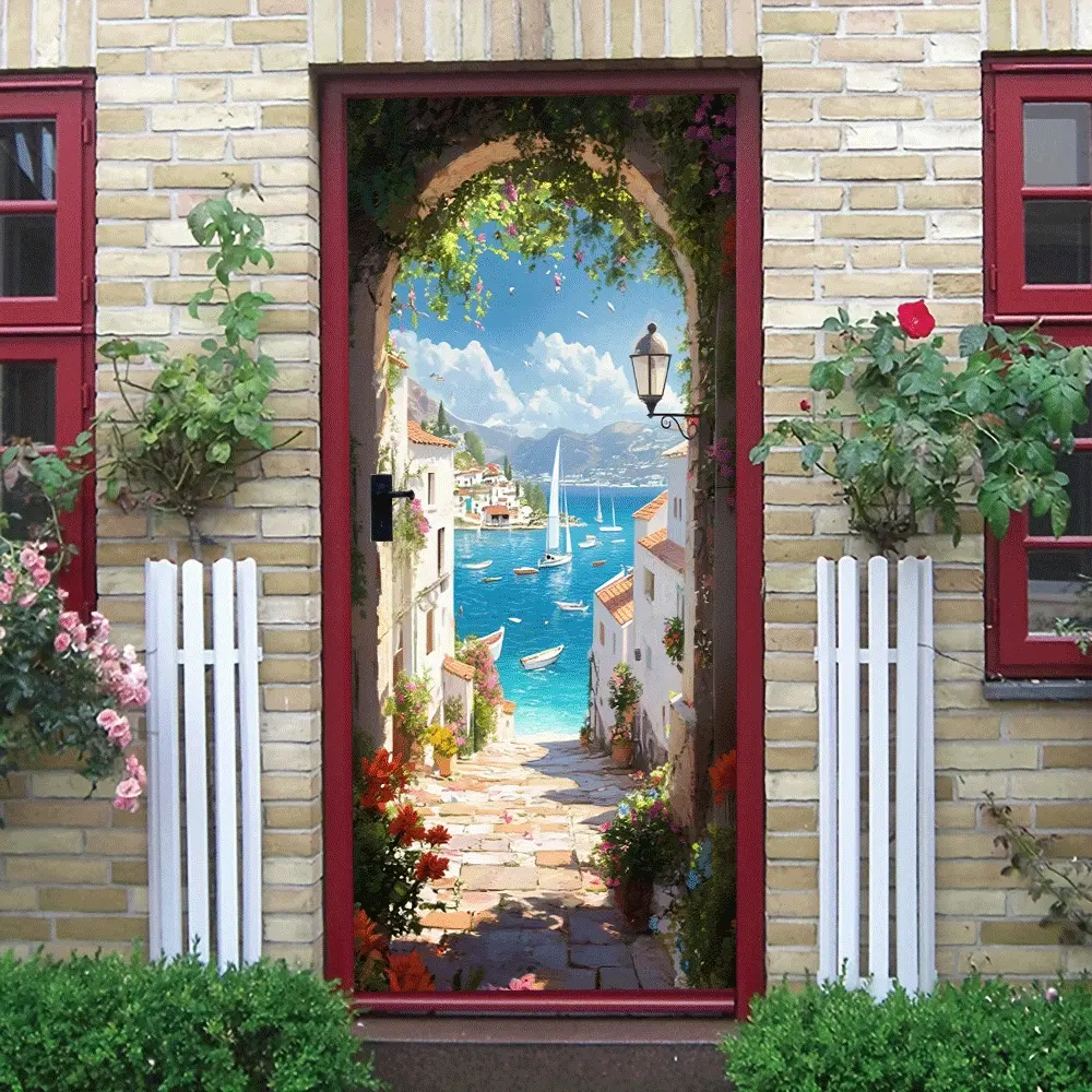 2pcs   Mediterranean Style Porch Decorative Wall Sticker Stereo Simulation Archway Sticker Living Room Entrance Corridor Background Wall Decal Self Adhesive Removable Sea View Architecture Sticker Home
