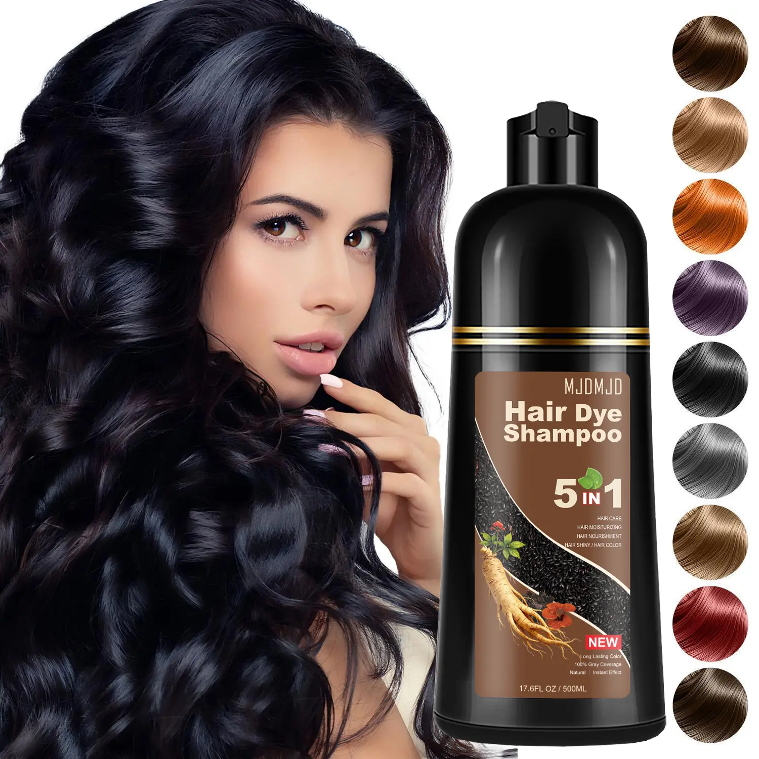 Black Hair Dye Shampoo 5-in-1, Natural Hair Coloring Shampoo with Ginseng Extract for Women & Men, Herbal Gray Hair Coverage, Long-Lasting black hairdye 500ml (Black)