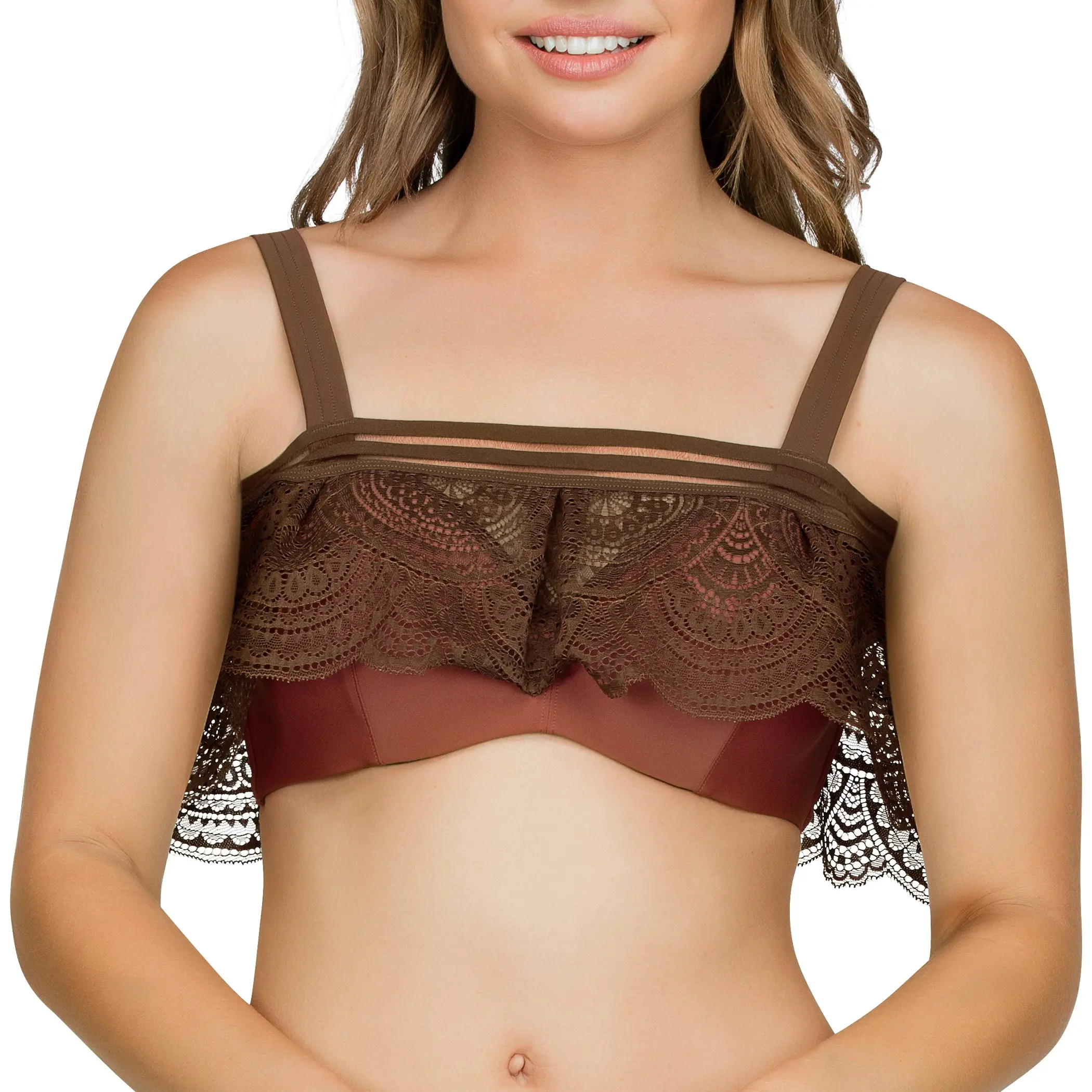 PARFAIT Pure S8121 Womens Bandeau Bikini Top Ruffle Underwire Swimwear Terracotta with Hidden Underwire Lined Cups & Convertible Straps