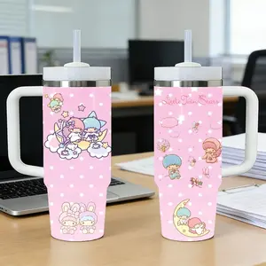 Little Twin Stars Vacuum Flasks 40oz Stainless Steel Tumbler with Handle & Straw, Insulated Travel Drinkware, Vacuum Insulated Travel Mug Keeps Drinks Cold Up to 12 Hours, Leak-Resistant Cup for Iced Coffee, Water, Office, Gym or Travel