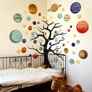 A set of two (30*90cm*2pcs) new creative hand-painted nine planets and big tree interesting wall stickers, decorative background art wall stickers for living room and bedroom, Space Theme Design, Decorative Decal (M19015-NC)
