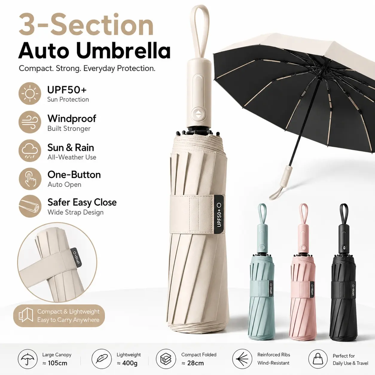 Compact Travel Umbrella, One-Touch Auto Open 3-Fold Wind Resistant Umbrella with Safe Step-by-Step Close, Portable Rain & Sun Umbrella for Travel, Commute & Outdoor Use,Labor-Saving Retractable Design