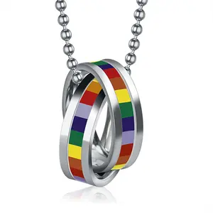 OIDEA Stainless Steel Double Circle Pendant Necklace, Pride-Themed Rainbow LGBT Equality Unisex Chain Jewelry Necklaces, Gift for Men & Women, Pride-Themed Necklaces