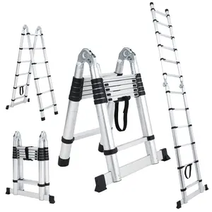 【GARVEE】10.5FT Telescoping Ladder, A-frame aluminum extension ladder, anti-slip stable feet, 330lbs heavy duty load capacity, foldable compact design, multi-purpose portable ladder, ideal for RV roof home truck and outdoor working use