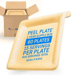 [NEW] Peel Plates - One Year Supply Box - 60 Large Plates 900 Servings Total [9.5in X 9.5in] - 15 Servings Per Plate - Reusable Paper Plates Disposable Dinnerware Set