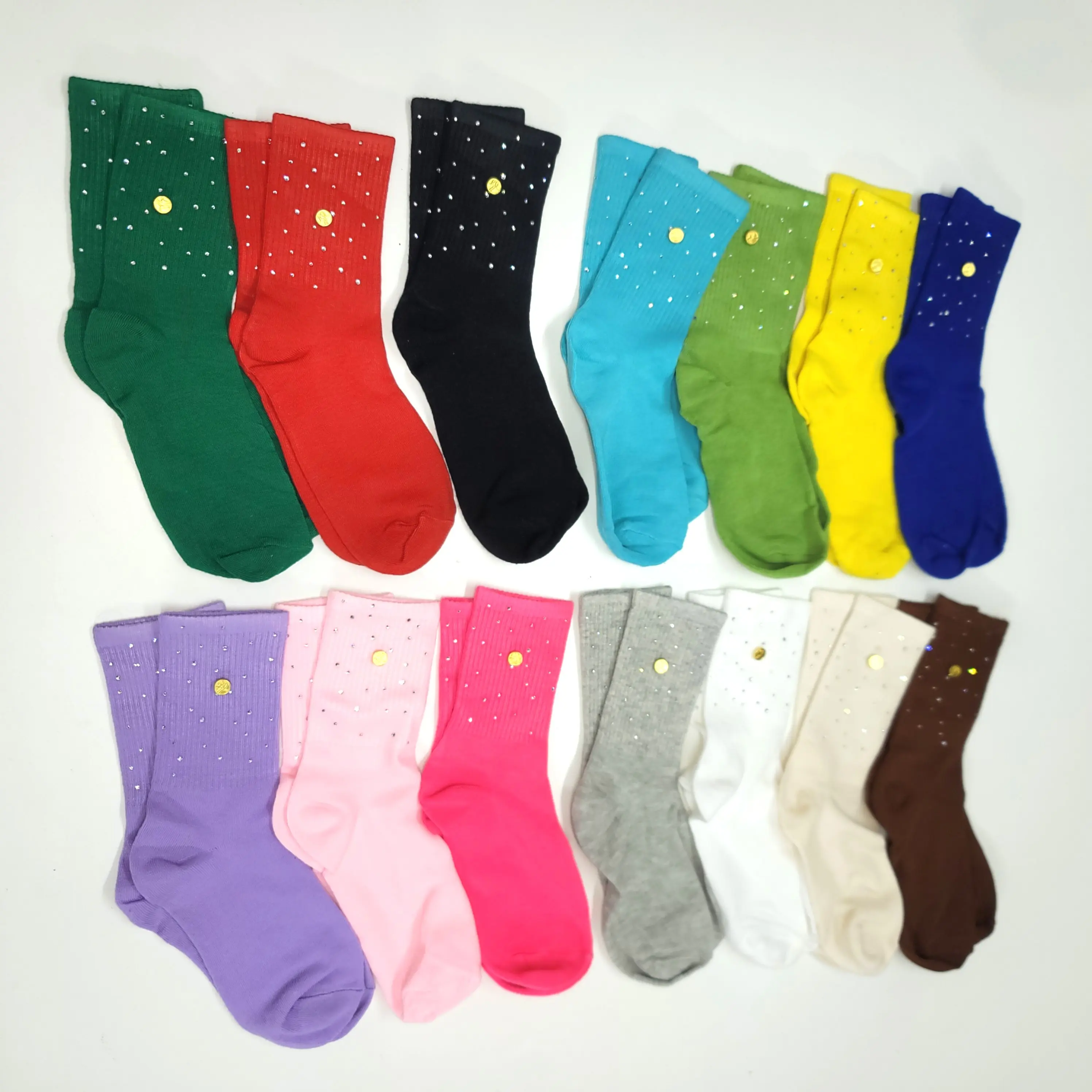 High Level Women's 100% Cotton Ankle Socks - Basic Style with Crystal Rhinestones, Gold-Accent Rivet Buttons, All-Seasons Assorted Vibrant Glass Elements, All-Cotton Assorted Basic Ankle Socks, All-Cotton Ankle Socks