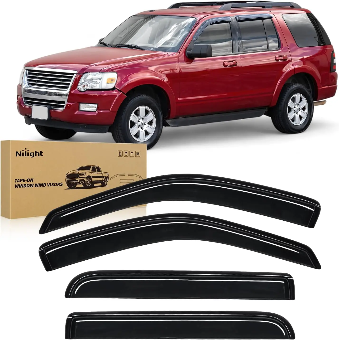 Nilight Tape-On Classic Side Window Deflectors & Visors - 4PCS Automotive Car Accessories for Ford Explorer 2002-2010, Exterior Vent Wind Guards