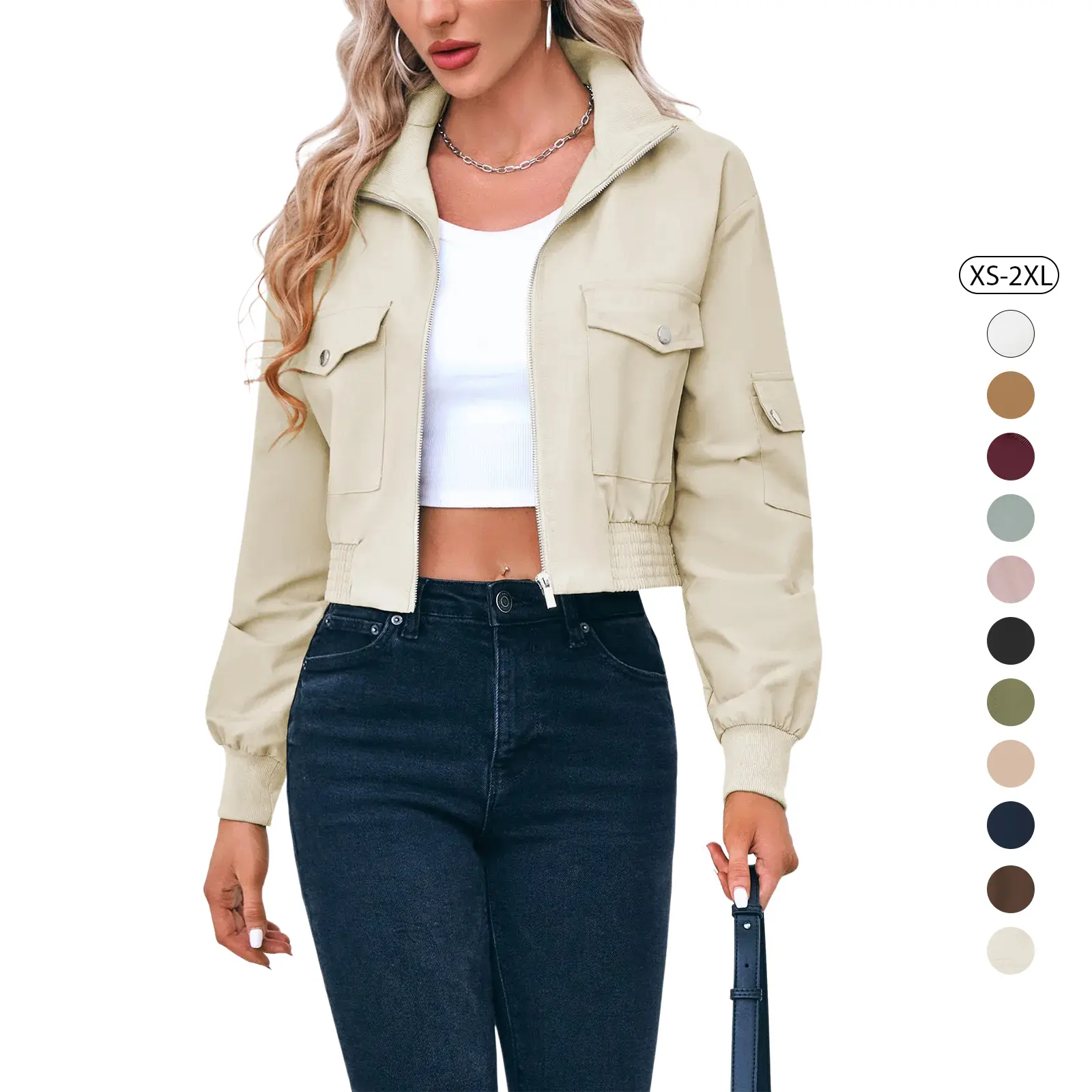 Women's Cropped Bomber Jackets Lightweight Zip Up Stand Collar Long Sleeve Short Jacket with Pockets
