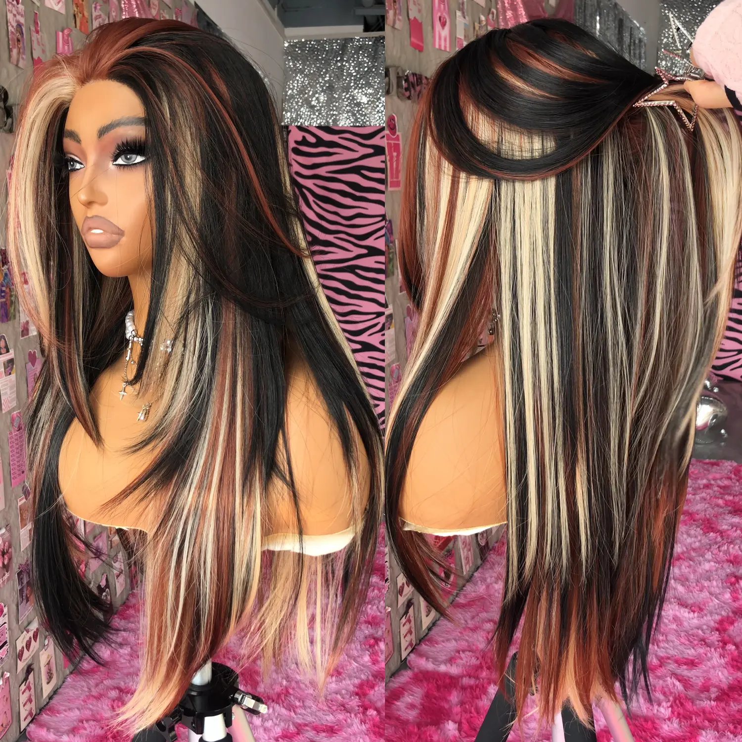 BrownBomb 26-Inch Calico Synthetic Front Lace Wig - Long Natural Straight Layered, Heat-Resistant Pre-Cut HD Lace, Glueless Design for Natural Flow, Ideal for Daily Use & Parties, Affordable Wigs for Women