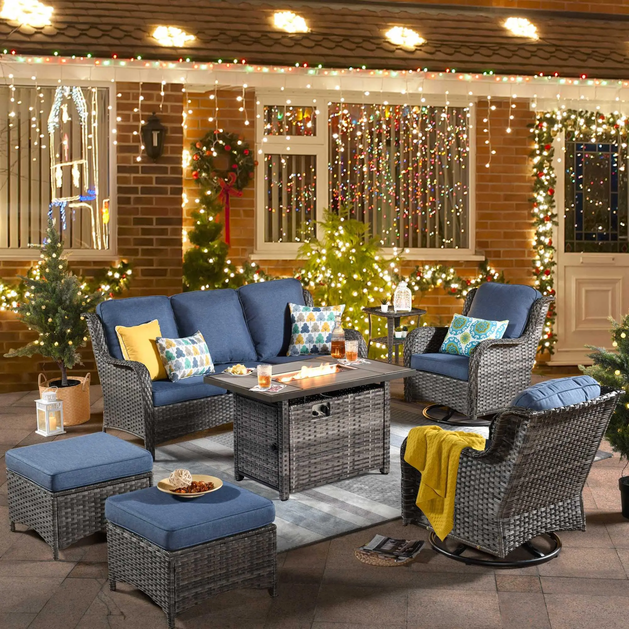 【Summerfinds】OVIOS Kenard 7-Piece Outdoor Patio Conversation Set with 42'' Propane Fire Pit Table & Rocking Chairs, Wicker Sofa Set with Cushions for Backyard Patio Porch Deck Garden Balcony Outdoor Seating