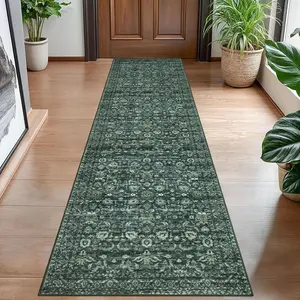 Hallway Runner Rug, Dark Green Washable Runner Rug 2x8 Vintage Floral Rug Runner Non Slip Boho Thin Printed Faux Wool Soft Carpet for Entryway Bedroom Laundry Room Indoor