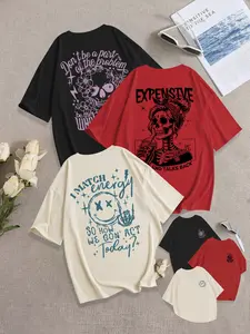 Breathable Casual Streetwear T-Shirt, Loose Fit Round Neck Design, Skull Girl Graphic Print, Daily Wear, Fashion Comfort Versatile Top, 3 Pack