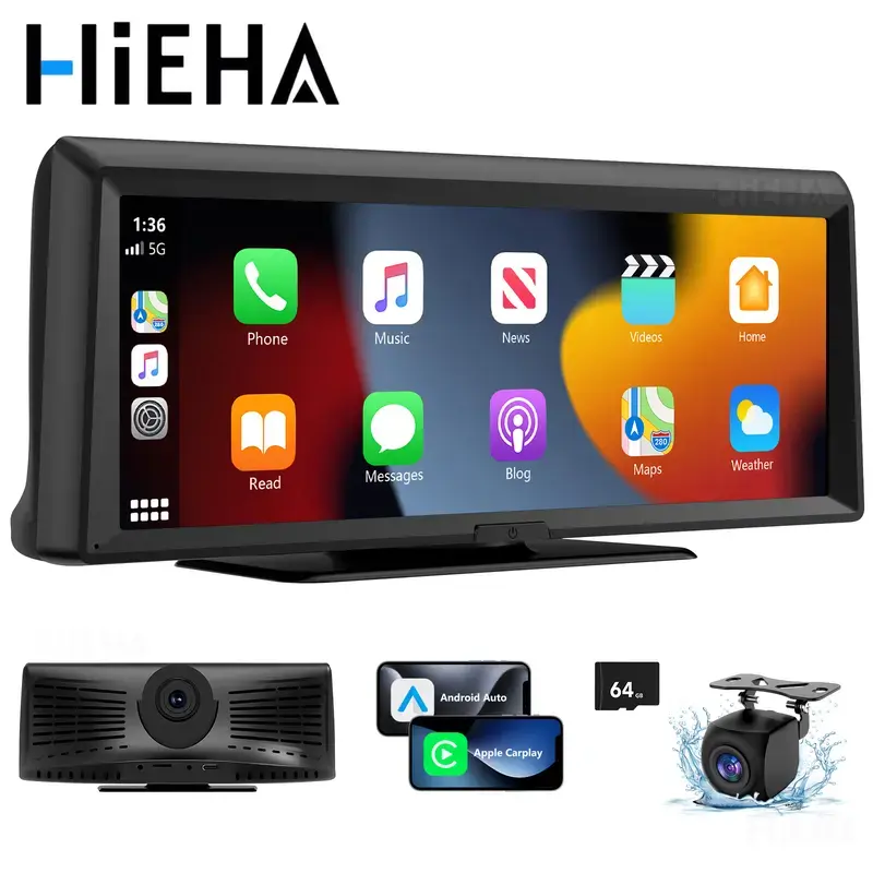 HIEHA 8.1" Wireless Apple CarPlay Screen - Upgrade Any Car with 2K Dash Cam & 1080P Backup Camera