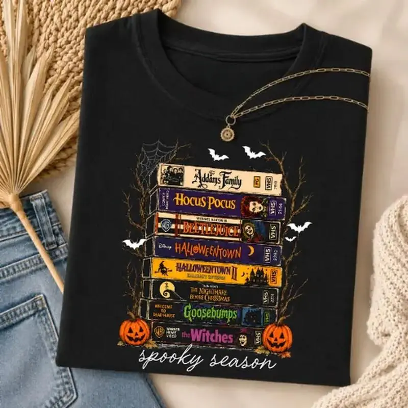 Spooky Season Halloween Books Shirt Comfort Colors, Hocus Pocus Beetlejuice Halloweentown Goosebumps Graphic Tee, Horror Movie Book Stack T-Shirt, Halloween Lover Gift, Fall Aesthetic Tee Top Womenswear