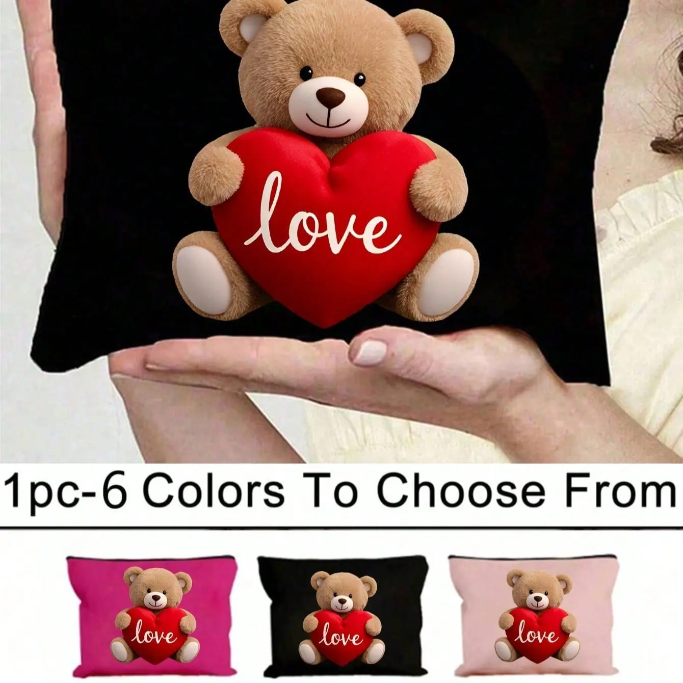 Personalized Teddy Bear Makeup Bag with Zipper, Cute Cartoon Bear Hugging "love" Design, Multi-Functional Travel Toiletry Pouch, Travel Cosmetic Bag, Perfect Gift for Birthdays, Valentine's Day, and Anniversaries