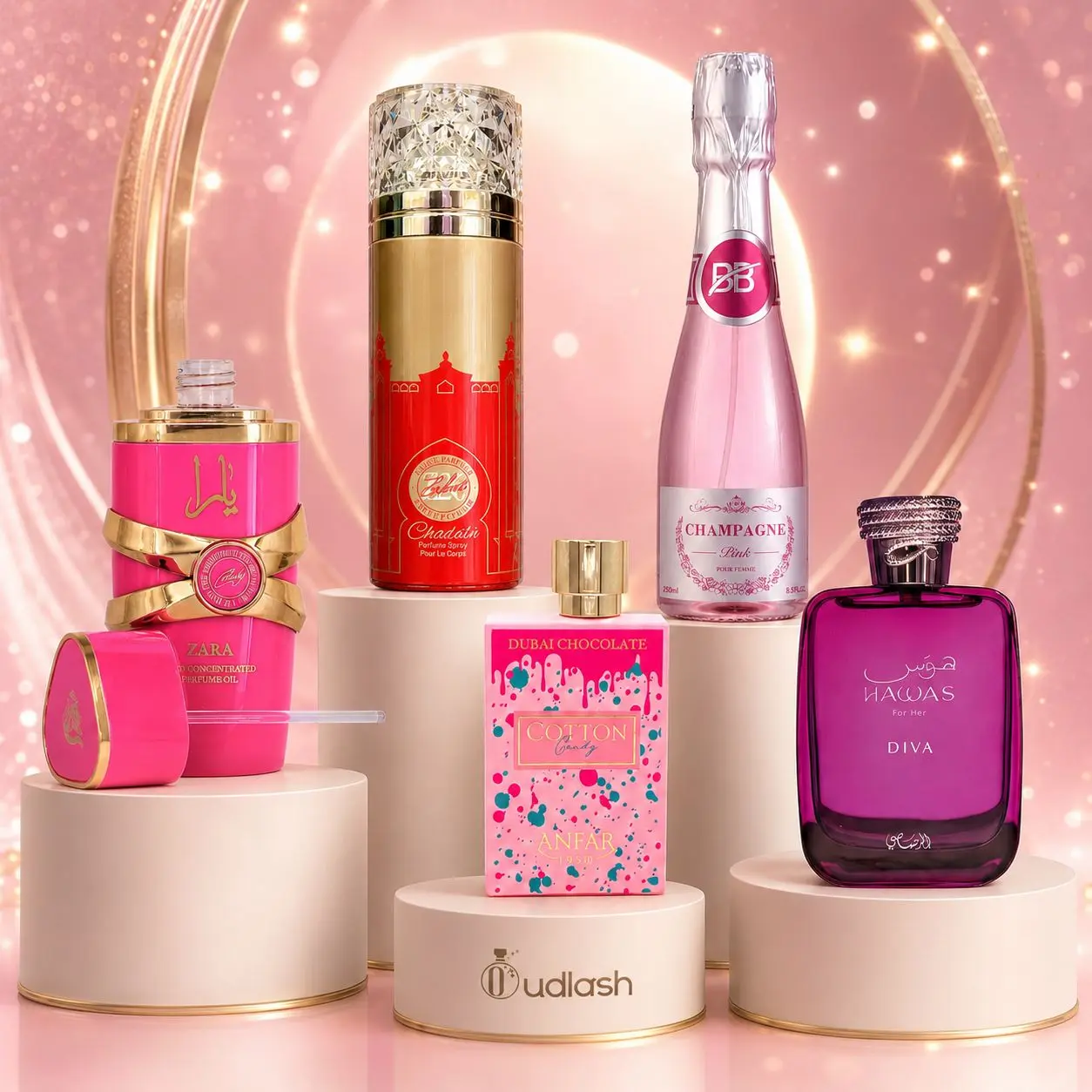 Oudlash Bundle | Bharara Beauty Champagne Pink + Anfar Cotton Candy + Hawas Diva + Lattafa Yara Candy Oil + Zakat Z 26 Body Spray | Women's Fragrance | 20 ML - 100 ML | Eau De Parfum + Concentrated Oil + Body Spray | Jasmine - Rose & Marine