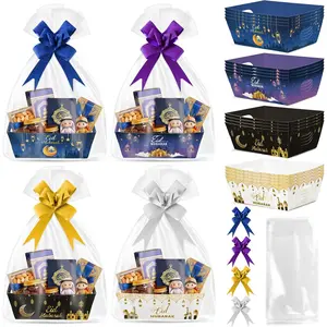 Eid Mubarak  Bag Empty Baskets - 24 Sets Islamic Eid  Lantern and Moon Party  Baskets Empty with Cellophane Bags and Ribbons Bows for Festivals Holiday Business Carnival (4 Styles)