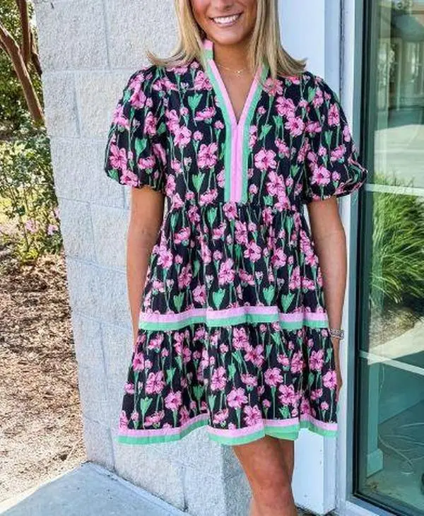 Women Boho Floral Mini Sundress, V Neck Short Puff Sleeve Patchwork Summer Casual Dress, Soft Comfortable Fit