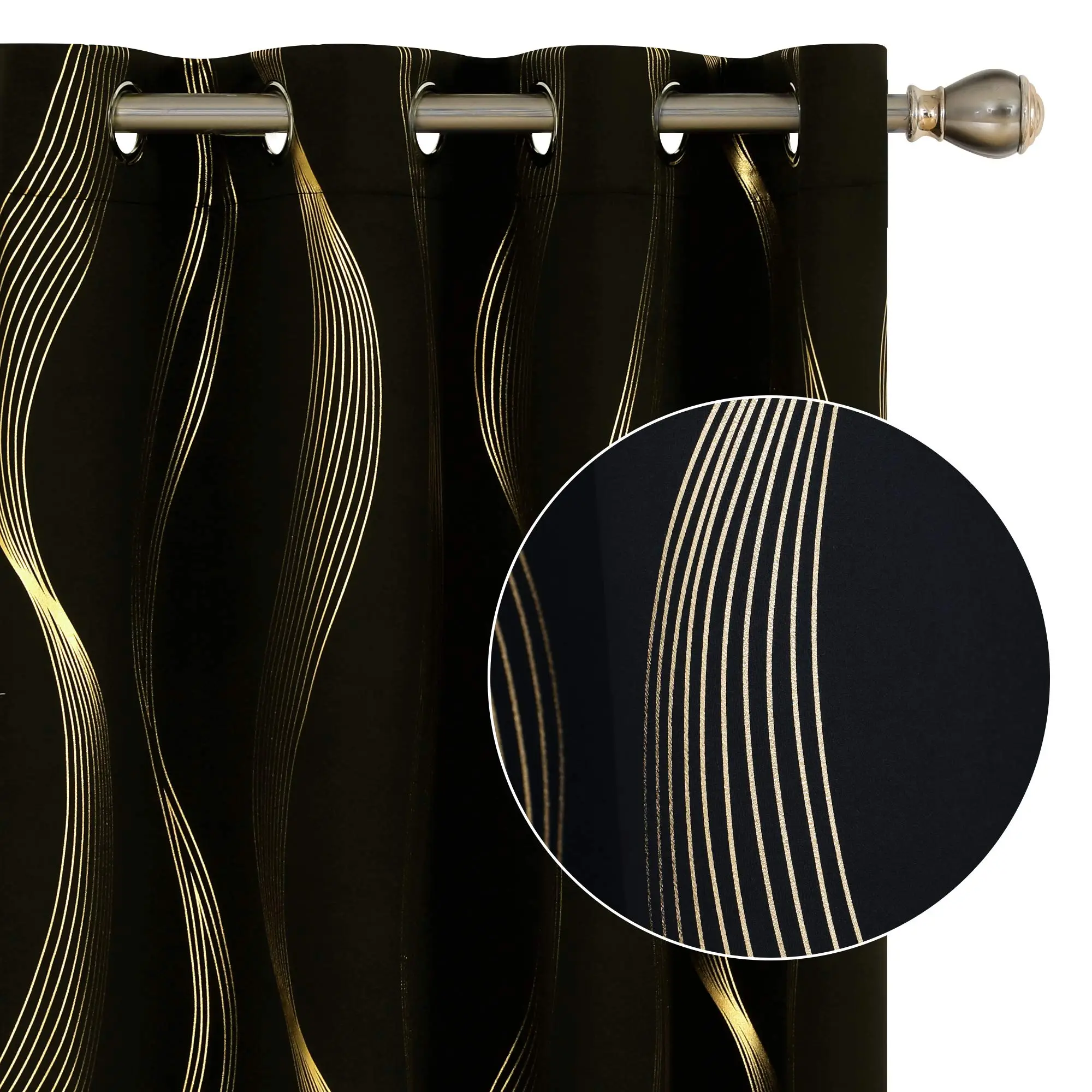 Deconovo Blackout Curtains - 2 Panels, Golden Wave Stripe Print | Thermal Insulated & Soundproof Drapes with Grommets for Living Room & Bedroom