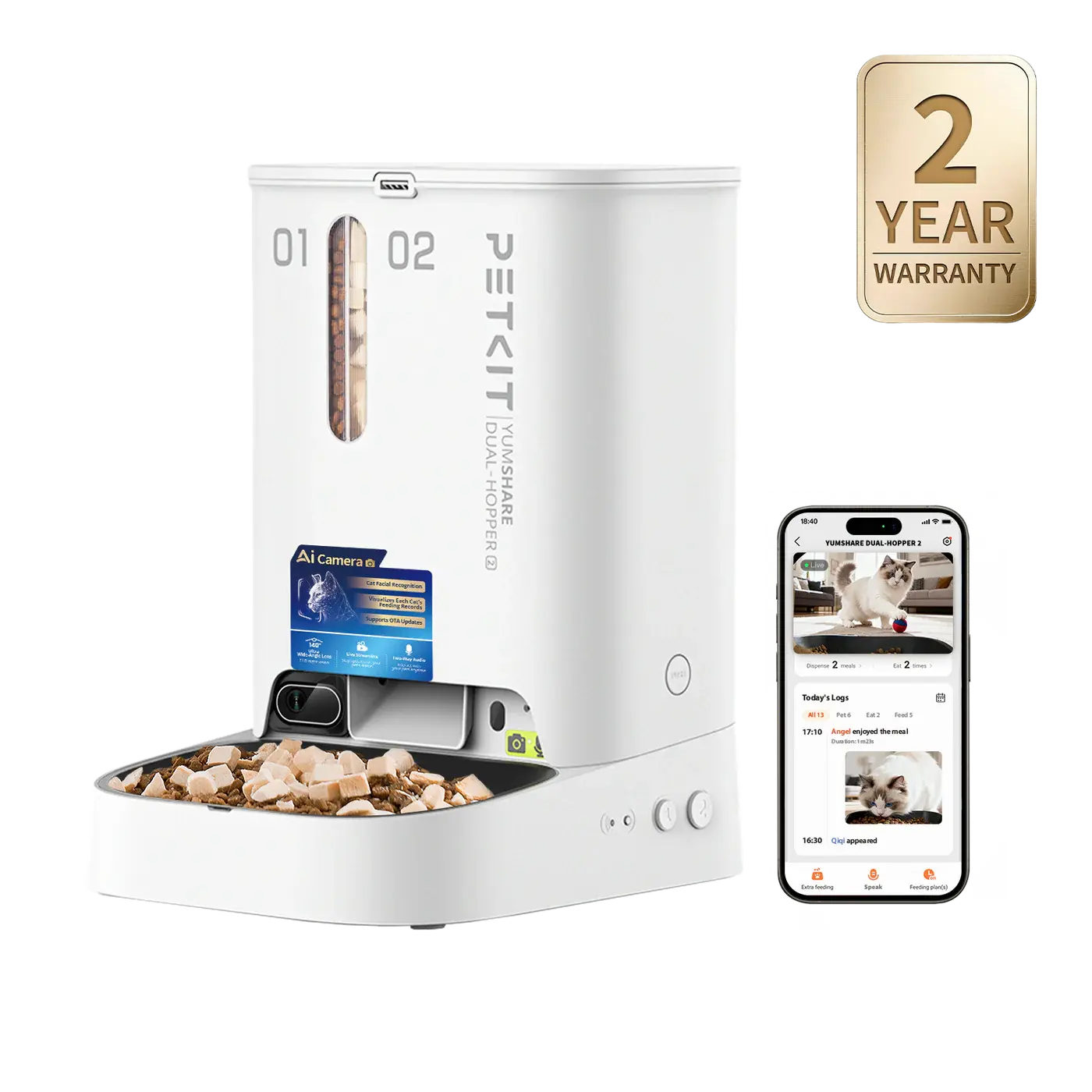 PETKIT YumShare Dual-hopper 2 Automatic Smart Feeder with Camera, White, 1080P HD Video, Night Vision, Double Hopper Pet Dry Food Dispenser for Cats and Dogs, Anti-Stick Bowl, and Smart App Control bowl/dish